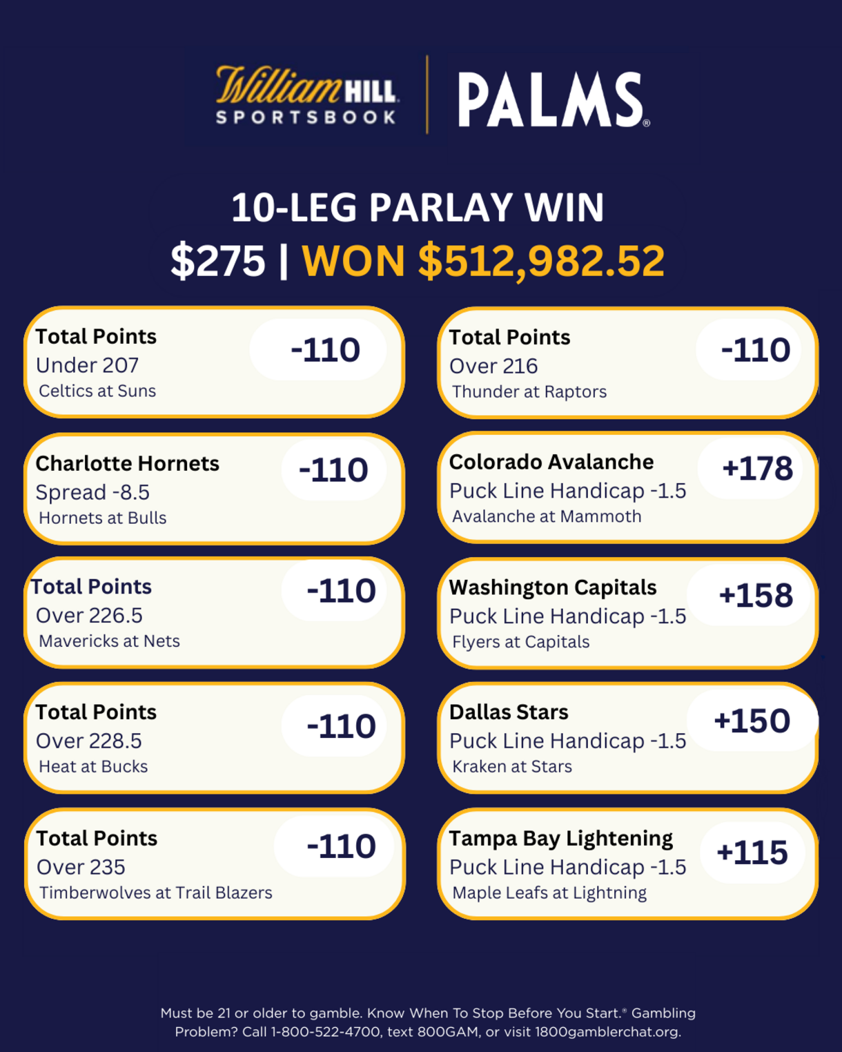 William Hill Sportsbook 10-leg parlay win