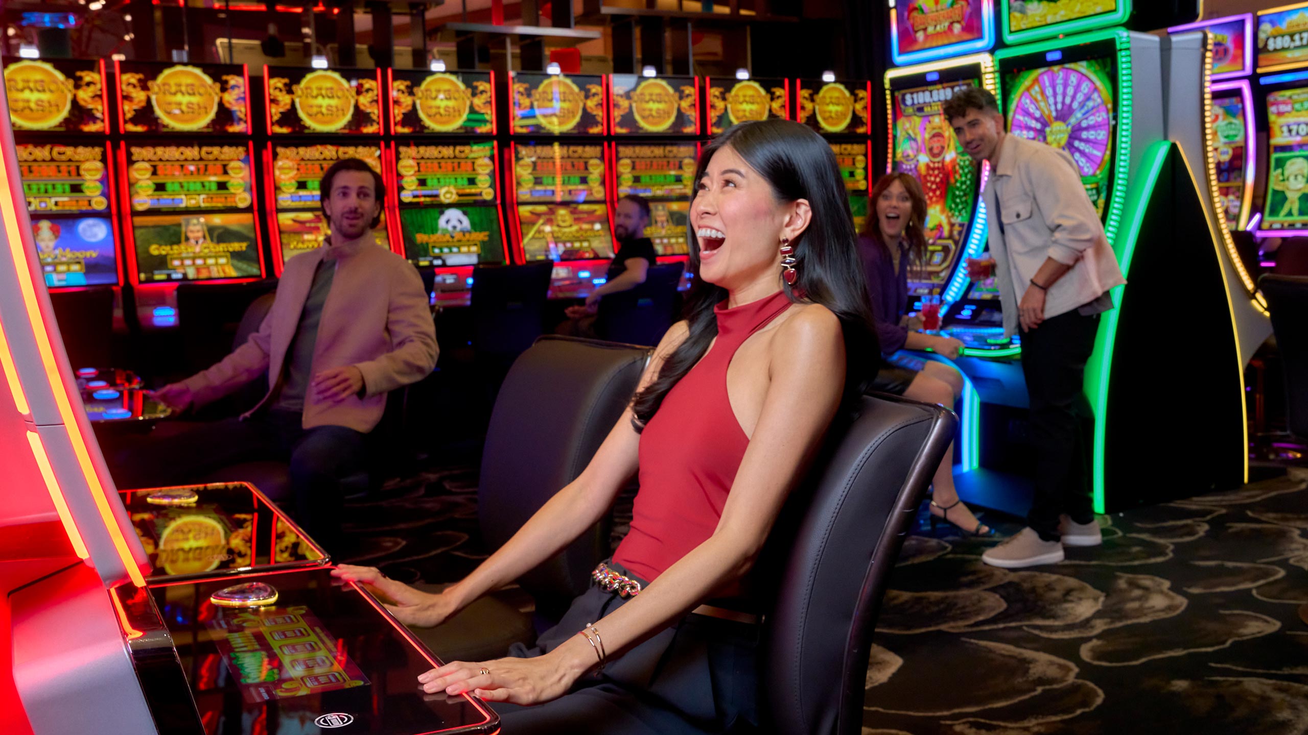 Girl Playing Slot Machine Excitedly 