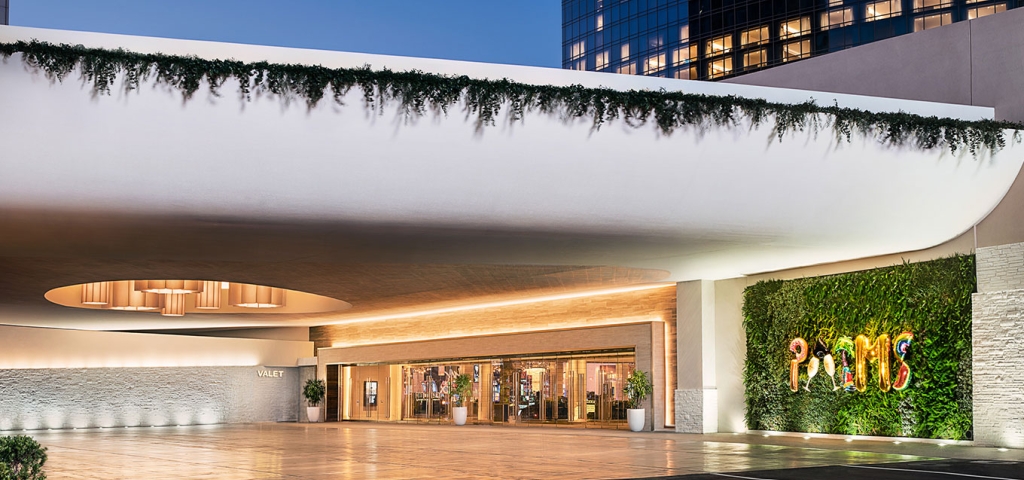 Palms Casino Resort valet and main entrance, evening exterior shot.