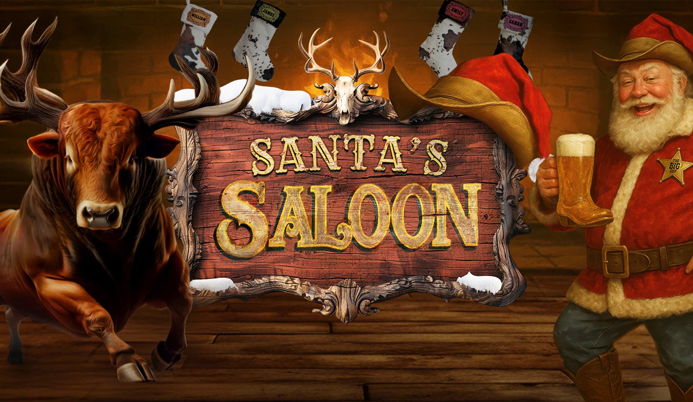 Santa's Saloon Logo, with a Reindeer and Santa Clause 