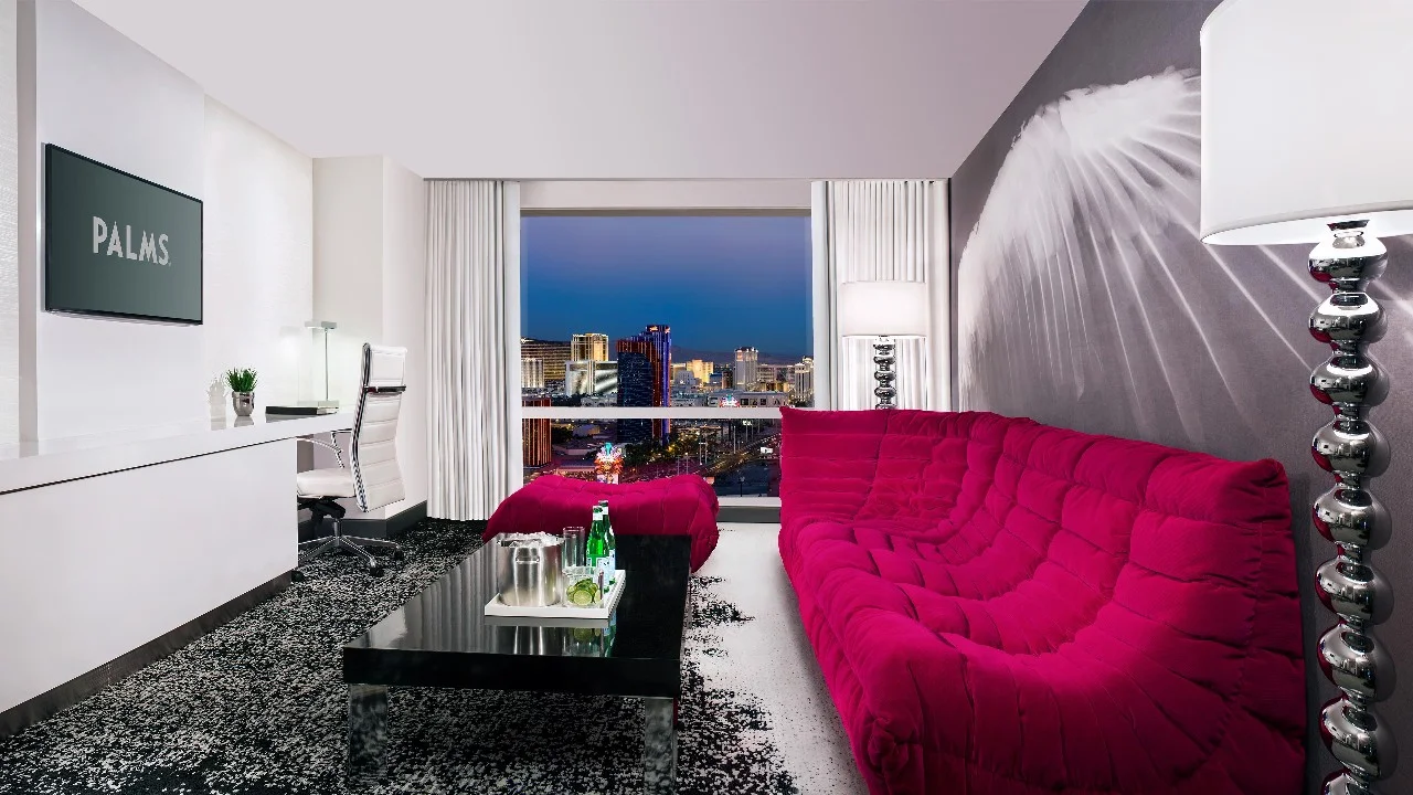 Ivory Suite hotel room with king bed and Las Vegas Strip view