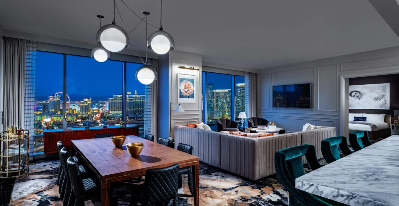 Palms One Bedroom Penthouse living room with floor-to-ceiling views of the Las Vegas Strip