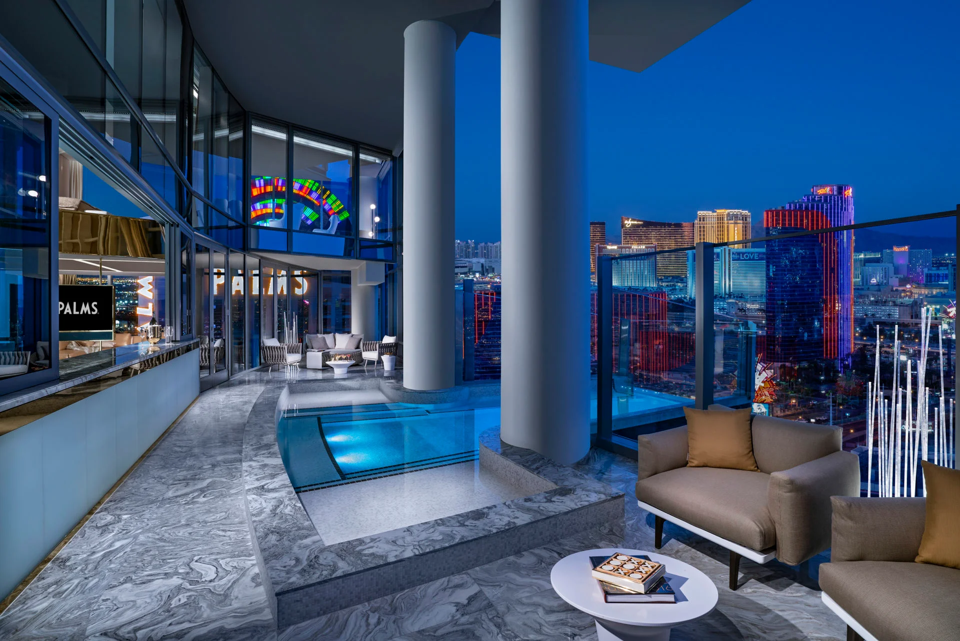 Palms Sky Villa private balcony and pool overlooking the Las Vegas Strip