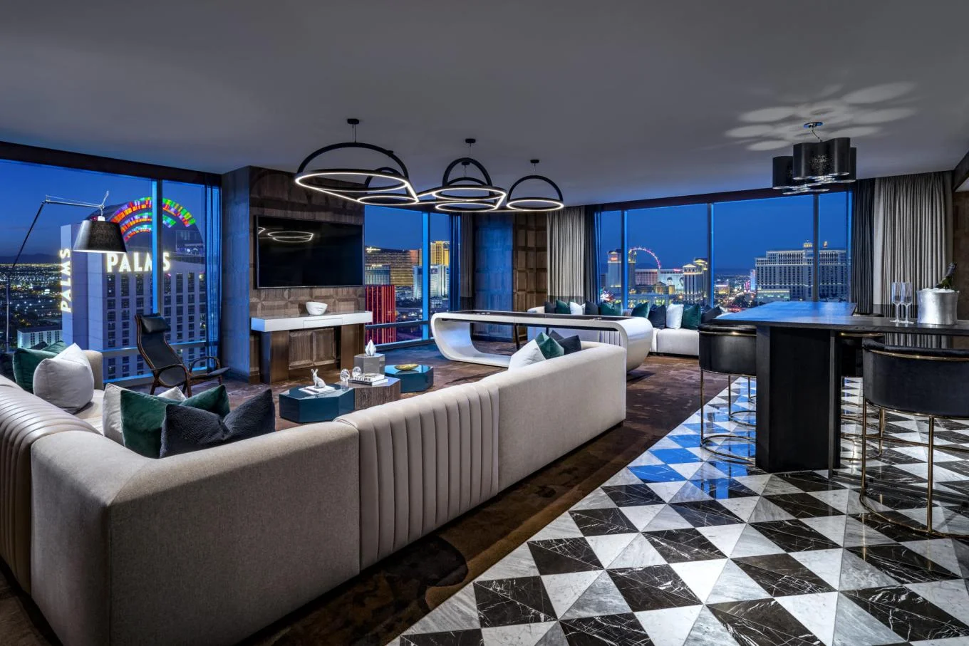 The View Penthouse living room with wraparound Las Vegas Strip views
