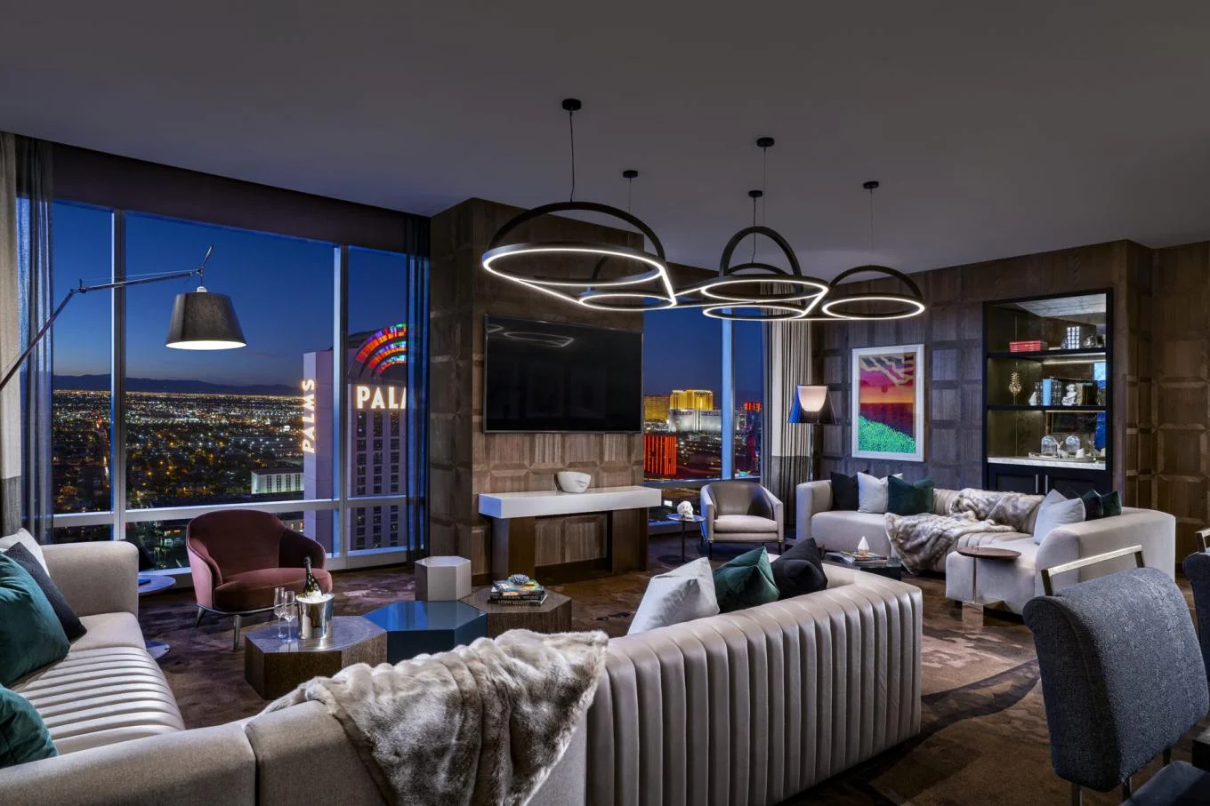 Palms Two Bedroom Penthouse spacious living room with floor-to-ceiling Strip views