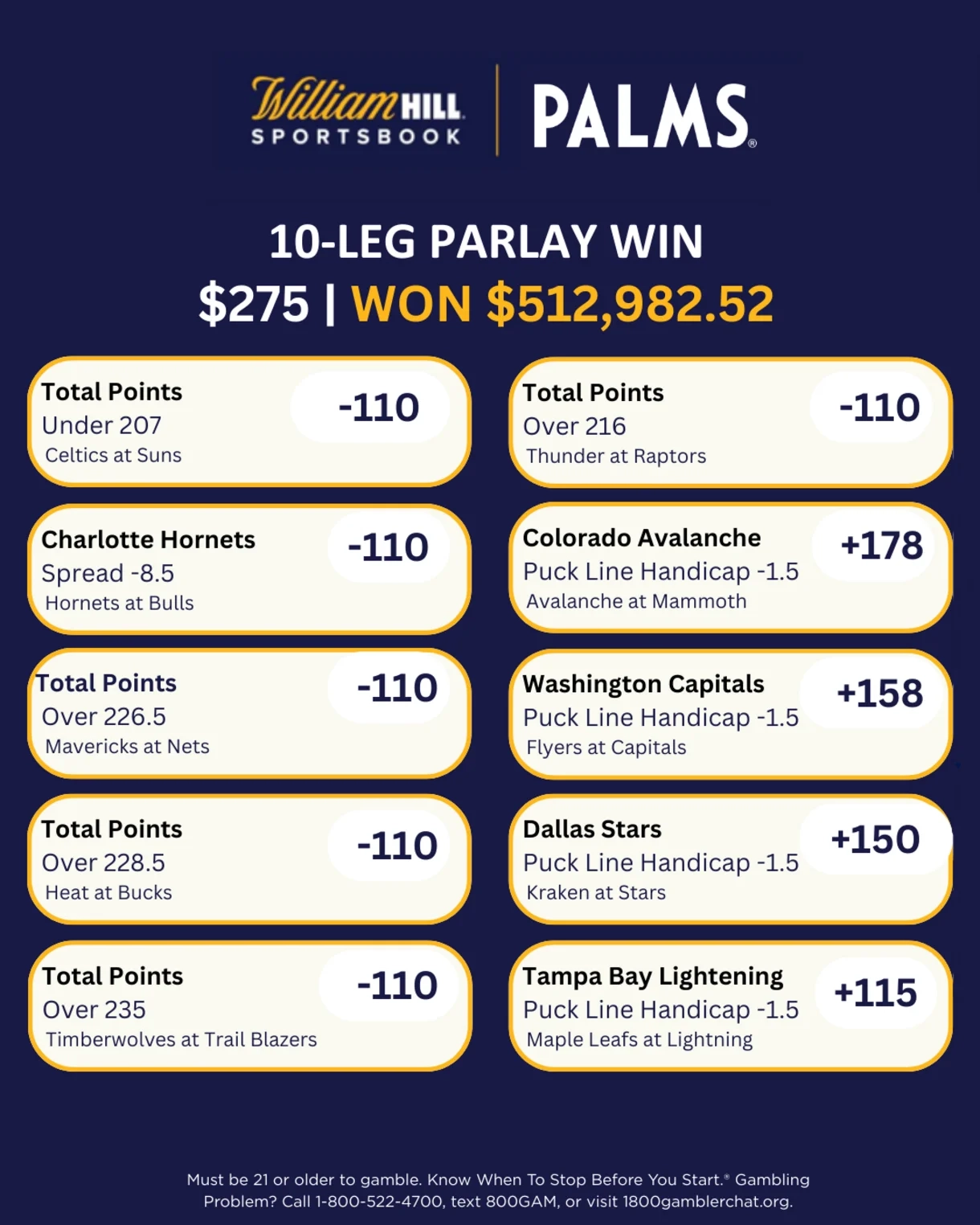 William Hill Sportsbook 10-leg parlay win