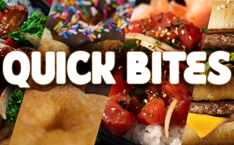Banner featuring assorted quick‑meal foods with bold ‘Quick Bites’ text, highlighting fast food, snacks, and easy meal options.